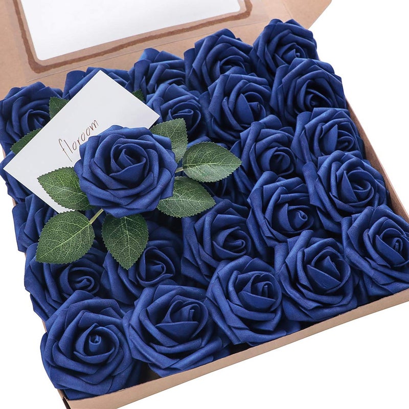Floroom Artificial Flowers 50pcs Real Looking Royal Blue Foam Fake Roses with Stems for DIY Wedding Bouquets Bridal Shower Centerpieces Floral Arrangements Party Tables Home Decorations - Image 1